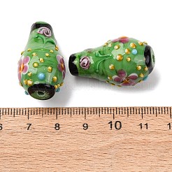 手作りランプワークビーズ  花柄の凹凸のある花瓶  グリーン  29~31x17x16.5mm  穴：2mm&nbsp;LAMP-F041-01F