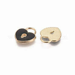 合金エナメルチャーム  ハートロック  ライトゴールド  ブラック  13x11x1.5mm  穴：3x4mm&nbsp;ENAM-S121-039E