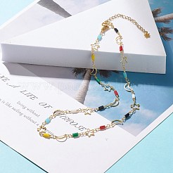 真鍮製のスター＆ムーンリンクチェーンネックレス、ガラスビーズ付き  ゴールドカラー  カラフル  16.14インチ（41cm）&nbsp;NJEW-JN03810
