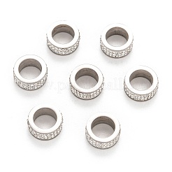 304ステンレススチールコラムビーズ  ポリマークレイラインストーン付き  ステンレス鋼の金属色  クリスタル  13x6mm  穴：8mm&nbsp;RB-I065-02