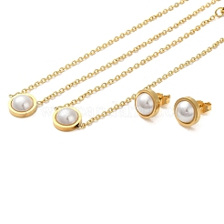Flat Round Plastic Imitation Pearl Pendant Necklaces & Bracelets & Stud Earrings Sets&nbsp;SJEW-C004-02G