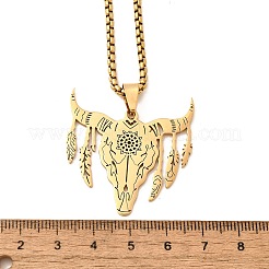 Punk Style 201 Stainless Steel Laser Cut Cattle Head Pendant Box Chain Necklaces for Women Men&nbsp;NJEW-E156-04G