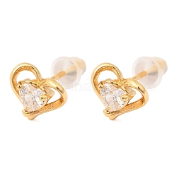 Brass Micro Pave Clear Cubic Zirconia Heart Stud Earrings&nbsp;EJEW-C158-07G