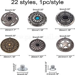 合金クラフトソリッドスクリューリベット22セット  ターコイズまたはアイアンを模したもの  DIYレザークラフト爪  フラットラウンド  ミックスカラー  30x9.5mm  穴：2.5mm  ネジ:5x3mmと7x3.5mm&nbsp;PALLOY-CA0002-22