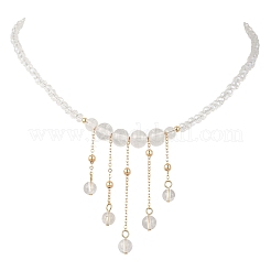 Round Natural Quartz Crystal & Glass Graduated Beaded Tassel Necklaces with Brass Cable Chains for Women&nbsp;NJEW-TA00236