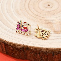 サンタクロース真鍮マイクロパヴェキュービックジルコニアスタッドピアス  カドミウムフリー＆鉛フリー  ラックめっき  エナメル  18KGP本金メッキ  11.5x15.5mm&nbsp;EJEW-B149-03G