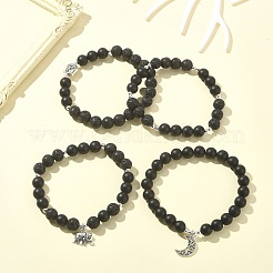 4Pcs 4 Style Natural Lava Rock & Black Agate & Hematite Beaded Stretch Bracelets Set&nbsp;BJEW-JB09508