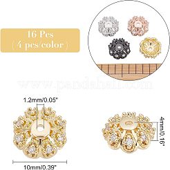 マルチペタルブラスマイクロパヴェキュービックジルコニアビーズキャップ  花  透明  ミックスカラー  10x4mm  穴：1.2mm  4個/カラー  4色  16個/箱&nbsp;ZIRC-NB0001-44