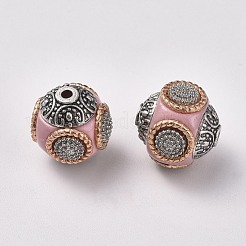 手作りのインドネシアビーズ  合金コア  ラウンド  アンティークシルバー＆ライトゴールド  ピンク  14~16x14~16mm  穴：1.5mm&nbsp;IPDL-R397-29