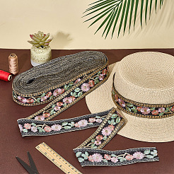 エスニックポリエステルリボン  キラキラのスパンコール付き  花柄  ブラック  1-3/4インチ（44mm）  約15.00ヤード（13.72m）/バンドル&nbsp;OCOR-WH0109-038B
