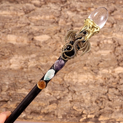 ハンドメイド水晶杖　松ぼっくりスティック 天然水晶魔法の杖 木製の王笏 魔女の杖のコスプレ用 魅力的な装飾と