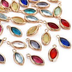 Glass Charms, with Light Gold Tone Brass Findings, Long-Lasting Plated, Faceted, Horse Eye, Mixed Color, 14x6.5x2.5mm, Hole: 1.2mm