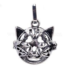 Rack Plating Brass Cage Hollow Kitten Pendants, Nickel Free, for Chime Ball Pendant Necklaces Making, Cat Heat Shape, Antique Silver, 26x25x25mm, Hole: 4x8mm, inner measure: 18mm