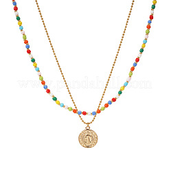 Boho Colorful Glass Seed Beaded Double Layer Necklaces with Stainless Steel Religion Saint Benedict Medal Pendant&nbsp;OL9548-1