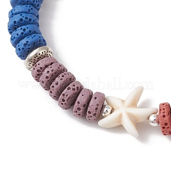 Flat Round Natural Lava Rock & Shell Pearl Beaded Stretch Bracelets for Women&nbsp;BJEW-JB12141-02