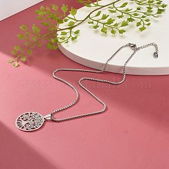 女の子、女性向けの変色しないフラットラウンドの生命の木ペンダントネックレス  304ステンレススチールベネチアンチェーンネックレス  ステンレス鋼色  17.72インチ（45cm）&nbsp;NJEW-JN03711