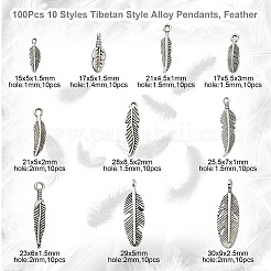 100pcs10スタイルチベットスタイルアロイペンダント  羽  カドミウムフリー＆鉛フリー  アンティークシルバー  15x5x1.5mm  穴：1mm  10個/スタイル&nbsp;TIBEP-CJ0001-64