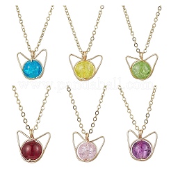 Glass Cat Shape Copper Wire Wrapped Pendant Necklaces&nbsp;NJEW-JN05258