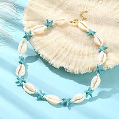 Natural Shell & Synthetic Turquoise Starfish Beaded Necklace with 304 Stainless Steel Clasps&nbsp;X-NJEW-TA00107-01