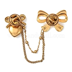 Bowknot & Heart 304 Stainless Steel & Plastic Pearl Hanging Chain Brooches&nbsp;JEWB-G049-02G