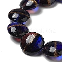 手作りゴールドパウダー入りランプワークビーズ連売り  フラットラウンド  ミッドナイトブルー  21x11mm  穴：1.2mm  約18個/連  13.98インチ（35.5cm）&nbsp;LAMP-C008-03B
