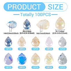 100 個 10 スタイル電気メッキガラスビーズ  ティアドロップ  多面カット  ミックスカラー  7.5~11x6~8mm  穴：0.8~1mm  10個/カラー&nbsp;EGLA-TA0013-44