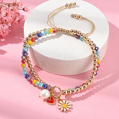 Heart & Daisy Enamel Charm Bracelet with Shell Pearl&nbsp;BJEW-TA00383