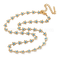 Bohemian 304 Stainless Steel Enamel Deep Sky Blue Flower Link Chain Necklaces for Women&nbsp;NJEW-Z061-01G