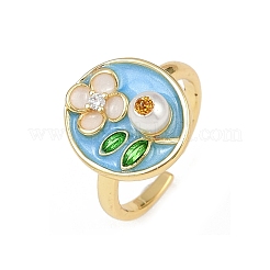 Brass Sky Blue Enamel Flower Cuff Rings&nbsp;RJEW-C139-17A-G