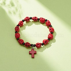 Natural Mashan Jade Skull Beaded Stretch Bracelet with Synthetic Turquoise(Dyed) Cross Charm&nbsp;BJEW-JB08378-02