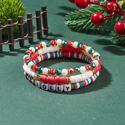 3 個 3 スタイルポリマークレイ heishi サーファーストレッチブレスレットセットワードジョリーアクリルビーズ  女性用ガラス付きスタッカブルブレスレット.  ミックスカラー  内径：2-1/8インチ（5.5cm）  1個/スタイル&nbsp;BJEW-TA00129