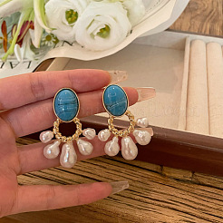 Alloy Plastic Pearl Oval with Fan Dangle Stud Earrings&nbsp;FS-WG2B252-01