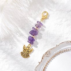 チベット風合金製天使ペンダント装飾4個  天然アクアマリン、ホワイトムーンストーン、アメジスト、グリーンアベンチュリンのチップと亜鉛合金のロブスタークロウ留め金付き  70~72mm&nbsp;HJEW-JM03838
