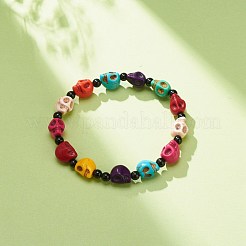 Natural Mashan Jade Skull & Synthetic Turquoise(Dyed) Beaded Stretch Bracelet&nbsp;BJEW-JB08377-05