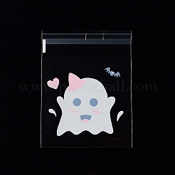 ハロウィンテーマのプラスチック耐熱皿バッグ  粘着式  チョコレート用  キャンディ  クッキー  正方形  ゴースト  130x100x0.05mm  内径：100x100mm  100個/袋&nbsp;ABAG-F007-03D