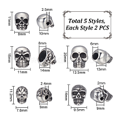 10個5スタイル304ステンレススチールビーズ  大穴ビーズ  スカル  アンティークシルバー  11~20x7.8~11x9~14mm  穴：2~8mm  2個/スタイル&nbsp;STAS-UN0043-53