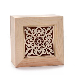 正方形の未完成の中空の木製収納ボックス  花柄  バリーウッド  11.9x11.9x8.75cm  2スタイル  2個/スタイル  4個/セット&nbsp;OBOX-NB0001-07