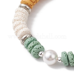 Flat Round Natural Lava Rock & Shell Pearl Beaded Stretch Bracelets for Women&nbsp;BJEW-JB12141-02