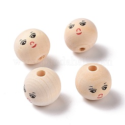 プリントウッドヨーロピアンビーズ  笑顔模様大穴丸ビーズ  染色されていない  ビスク  20x17.5mm  穴：4.7mm  約217個/500g&nbsp;WOOD-C001-03A-03