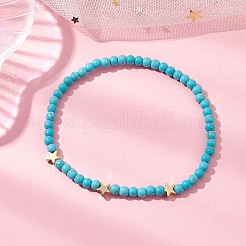 染色された合成ターコイズビーズストレッチブレスレット、女性用、男性用  真鍮のビーズで  スター  淡いターコイズ  内径：2-1/4インチ（5.7cm）&nbsp;BJEW-JB11311-03
