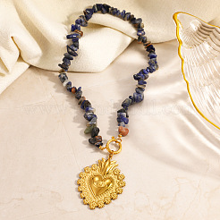304 Stainless Steel Sacred Heart Pendant Natural Sodalite Chip Beaded Necklaces for Women&nbsp;WG4ED26-01
