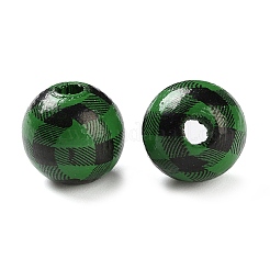 プリントウッドヨーロピアンビーズ  タータン模様のラウンド  濃い緑  13.5x13mm  穴：4mm&nbsp;WOOD-Z002-09C