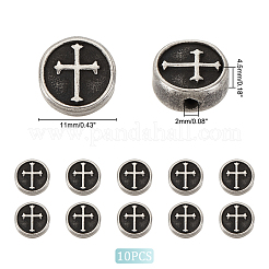 304ステンレススチールビーズ10個  クロスとフラットラウンド  アンティークシルバー  11x4.5mm  穴：2mm&nbsp;STAS-UN0047-96