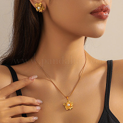 304ステンレススチール、プラスチックパールペンダントネックレス＆スタッドピアス  ゴールドカラー  花  390ミリ＆20x20mm&nbsp;FS-WG92D8A-02