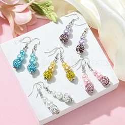 ガラスラインストーンラウンドビーズダングルイヤリング  真鍮ドロップピアス  ミックスカラー  45x10mm&nbsp;EJEW-JE05438