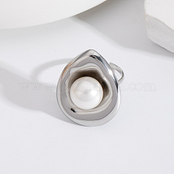 女性用ステンレススチール製ティアドロップカフリング  模造パールと  ステンレス鋼色  30.2x24mm&nbsp;BM0496-4