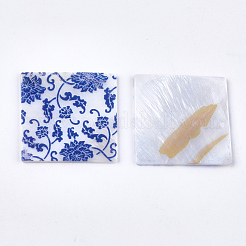 印刷された淡水シェルのカボション  花の正方形  ブルー  29~30x29~30x1.5~2mm&nbsp;SHEL-S276-08