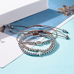 合成ヘマタイト編みビーズブレスレットセット  女性のためのクロス＆イエス＆フラワーブレスレット  プラチナ  内径：3/8~3 1/8インチ（1.1~9cm）  3個/セット&nbsp;BJEW-JB07488