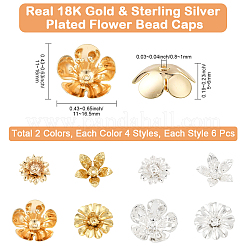 48個8スタイルフラワー真鍮ビーズキャップセット  ゴールデン＆シルバー  11~16.5x5~6mm  穴：0.8~1mm  6個/スタイル&nbsp;KK-BBC0021-16