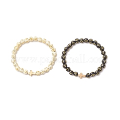 2個 2色メッキアクリルラウンドビーズストレッチブレスレット メンズ レディース  クロス  CCBプラスチックビーズで  ミックスカラー  内径：2-3/8インチ（6cm）  1pc /カラー&nbsp;BJEW-JB12080
